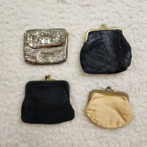 Vintage Coin Purses 4pc LOT Silk Leather Metal Clasp Kiss Lock Cross